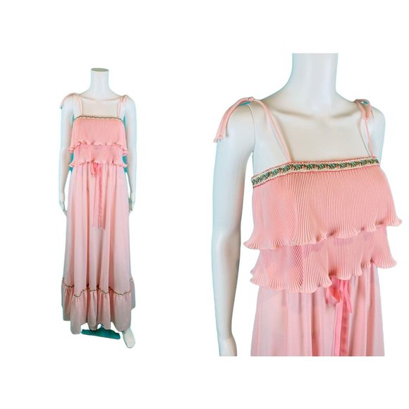 Vintage 70s Maxi Dress Womens S Light Pink Accordion Pleat Flutter Bodice Vicky - Picture 2 of 10